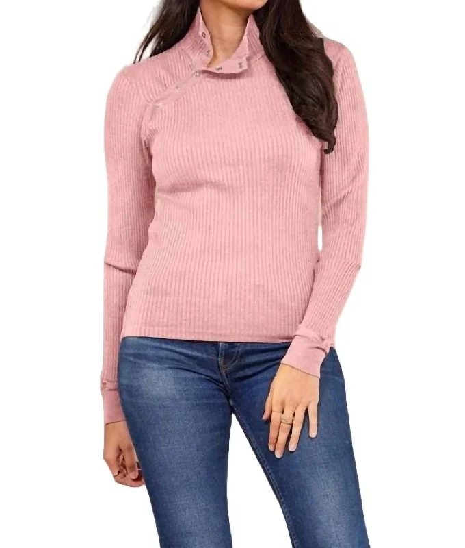 Women's Metallic Pencil Pullovers-Andre Long Sleeve Snap Turtleneck Top In Pink Quartz