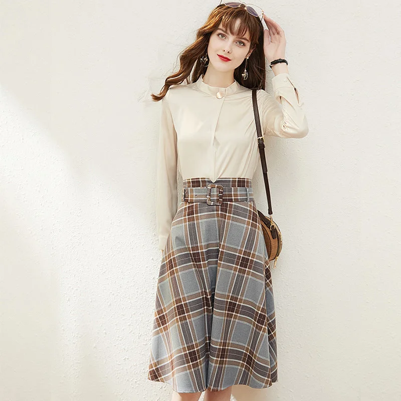 Women's High-Waisted Skirts-Plus Size Formal Long Sleeve Blouse And Plaid Swing Skirt Set