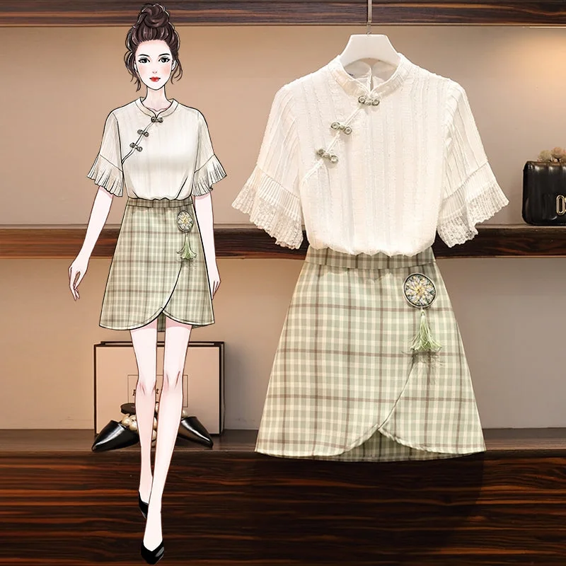 Women's High-Waisted A-Line Skirts-Plus Size White Lace Cheongsam Blouse and Check Skirt Set