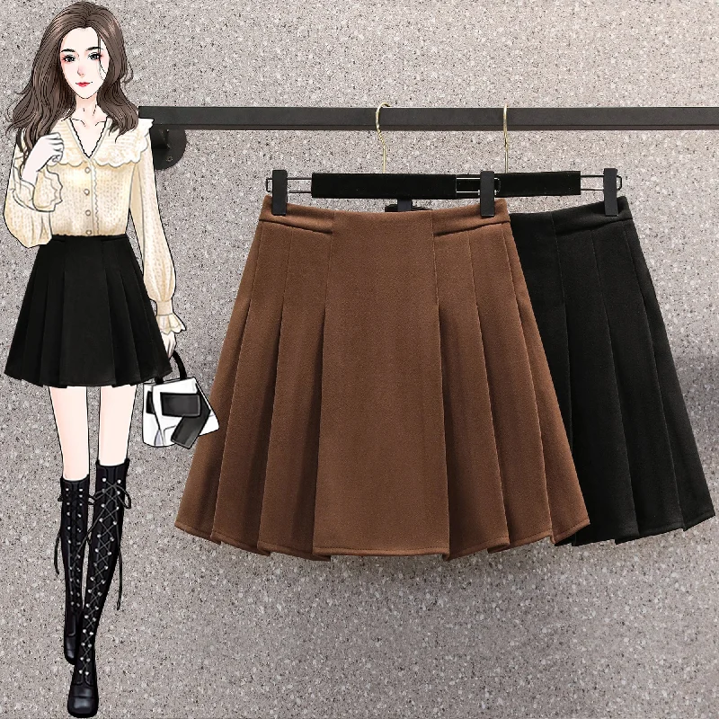 Women's Lace Pleated Skirts-Plus Size Korean Woolen Pleat Mini Skirt