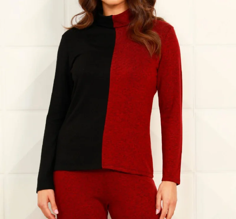 Women's Fringe A-Line Pullovers-Color Block Turtleneck In Black/wine