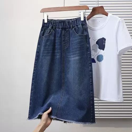 Women's Silk Denim Skirts-Plus Size Stretch Denim Waistband Pencil Skirt