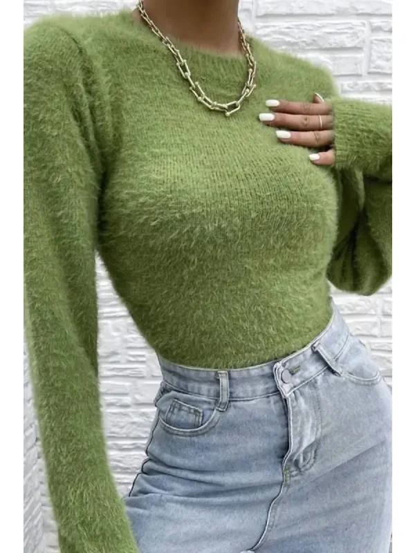 Women's Metallic Pleated Pullovers-Fuzzy Open Back Sweater In Green