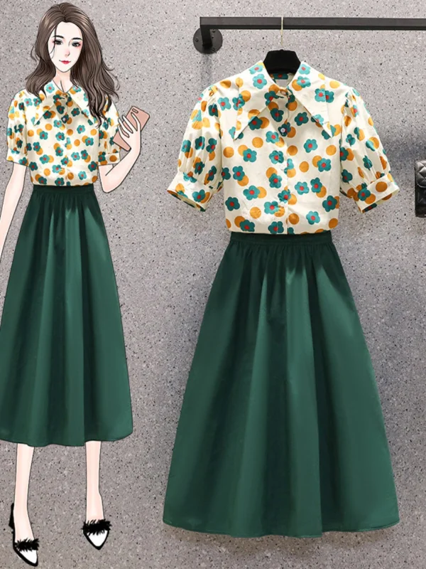 Women's Soft Skirts-Plus Size Vintage Shirt With Green A Line Skirt Set