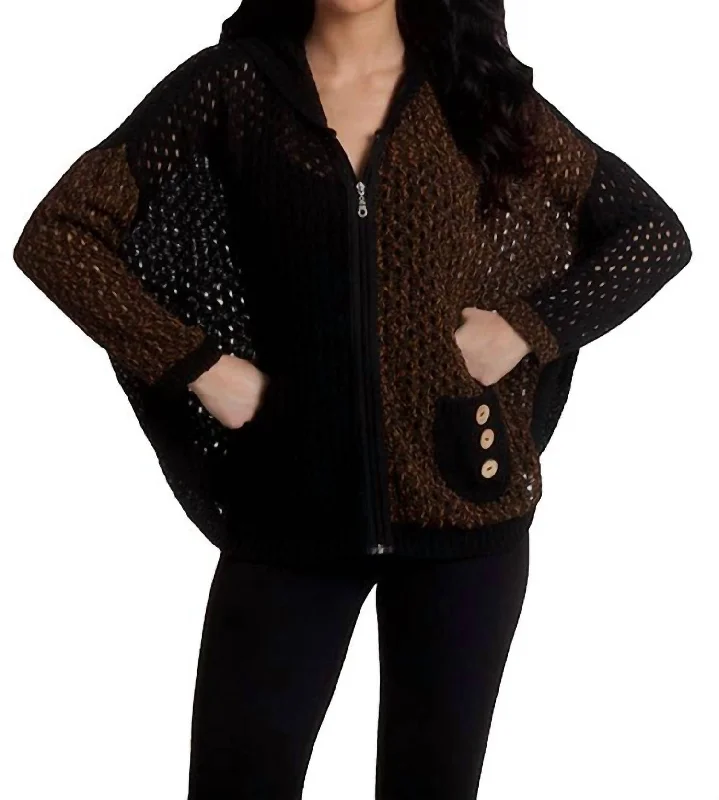 Women's Ribbed Denim Pullovers-Crochet Button Hoodie Poncho In Spiceblack