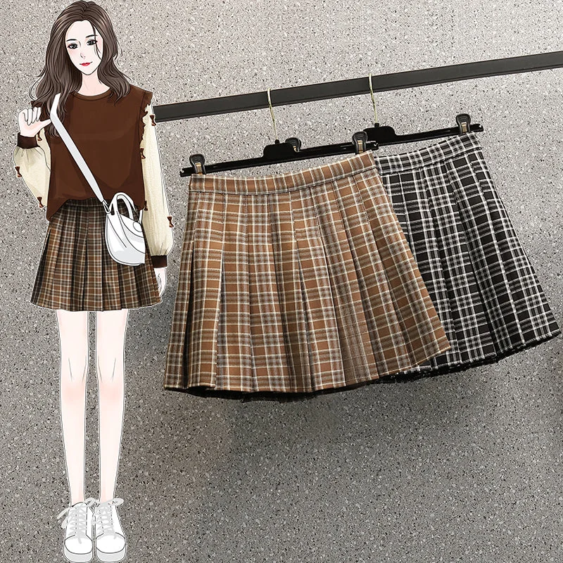 Women's Glitter Skirts-Plus Size Plaid Pleat Mini Skirt