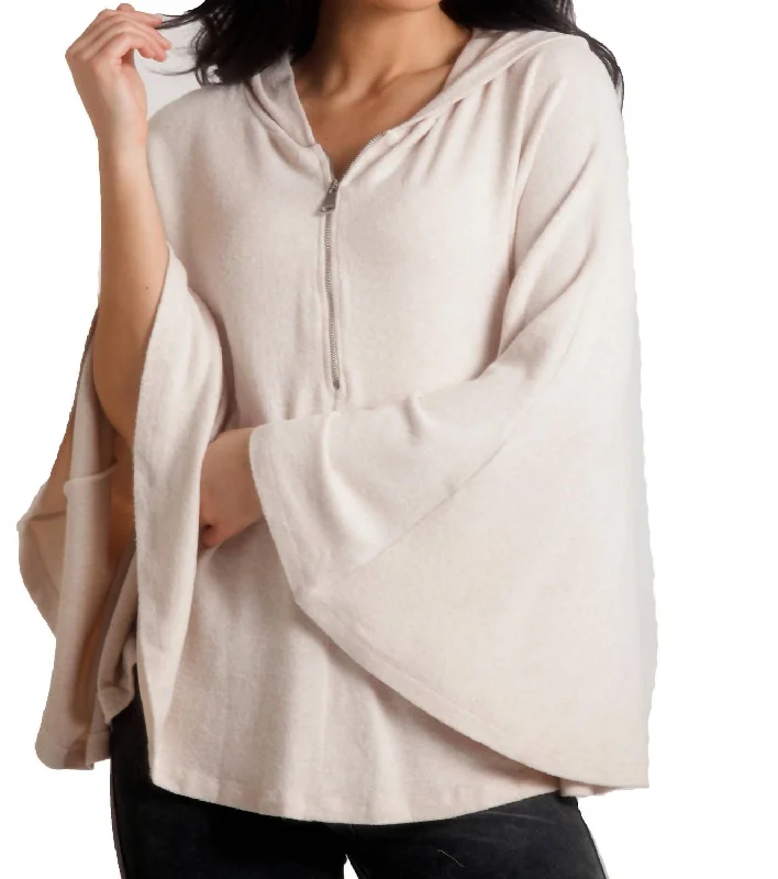 Women's Zip-Up Pencil Pullovers-Sophia Kashmira Hooded Poncho In Beige