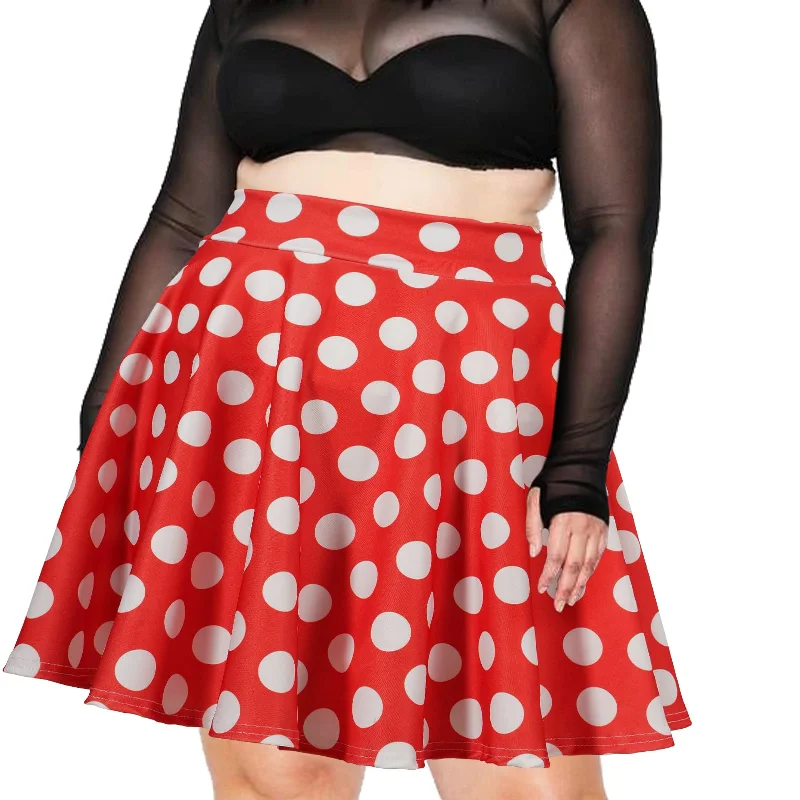 Women's Fleece Floral Skirts-High Waisted Skater Skirt Plus Size-Red & White Dots