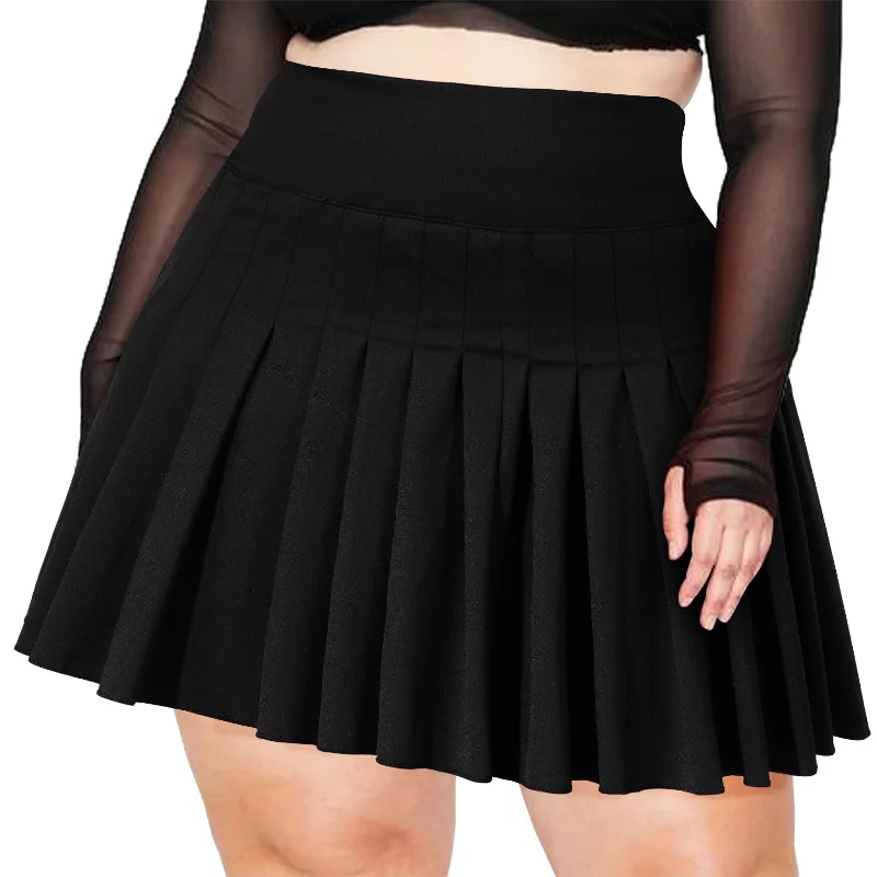 Women's Button-Front Denim Skirts-Plus Size Pleated Mini Skirt-Black