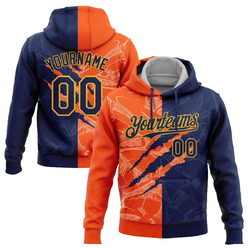 Women's Zipper Detail Hoodies-Custom Stitched Graffiti Pattern Navy Orange-Gold 3D Scratch Sports Pullover Sweatshirt Hoodie