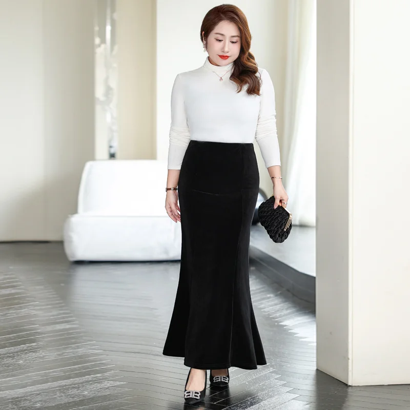 Women's Retro Skirts-(L-8XL) Plus Size Velvet Fishtail Pencil Midi Skirt (EXTRA BIG SIZE)