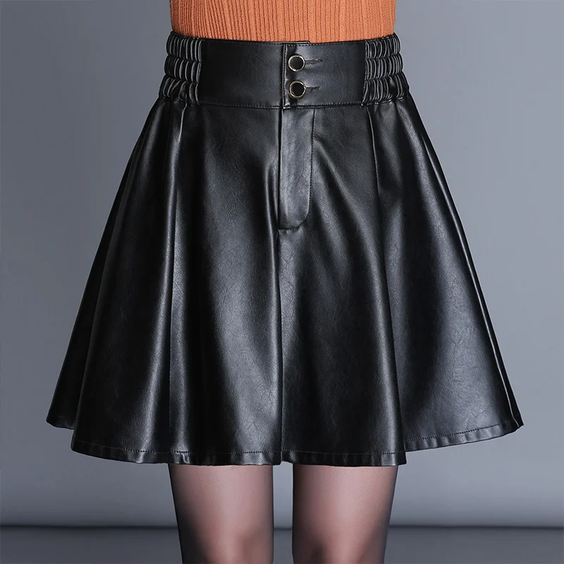 Women's Thermal Pleated Skirts-Women Solid Color Pu High Waist Elastic Fashion Pleated Skirt