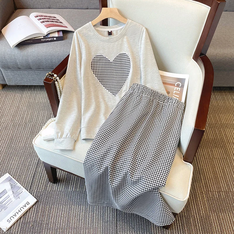 Women's Modern Skirts-Plus Size Korean Heart Sweater and Houndstooth Midi Skirt Set