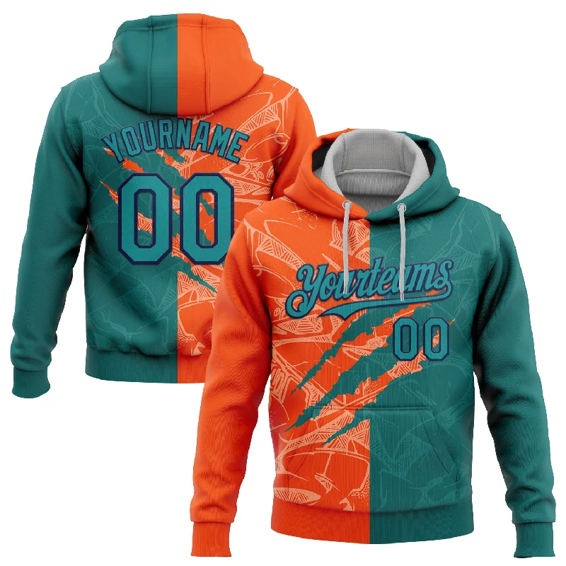 Women's Ruched Hoodies-Custom Stitched Graffiti Pattern Teal Orange-Black 3D Scratch Sports Pullover Sweatshirt Hoodie