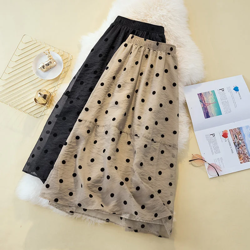 Women's Glitter Denim Skirts-Plus Size Polka Dots Crepe Skirt