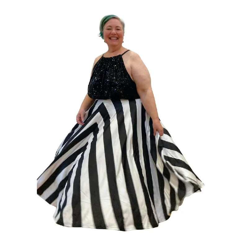 Women's Glitter Ruffle Skirts-Black & white Stripe Maxi Skirt - Voluminous full circle skirt