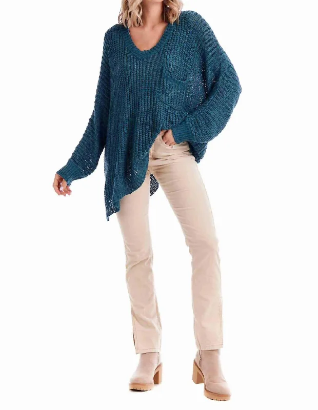 Women's High-Waisted Denim Pullovers-Oscar Vee Neck In Blue