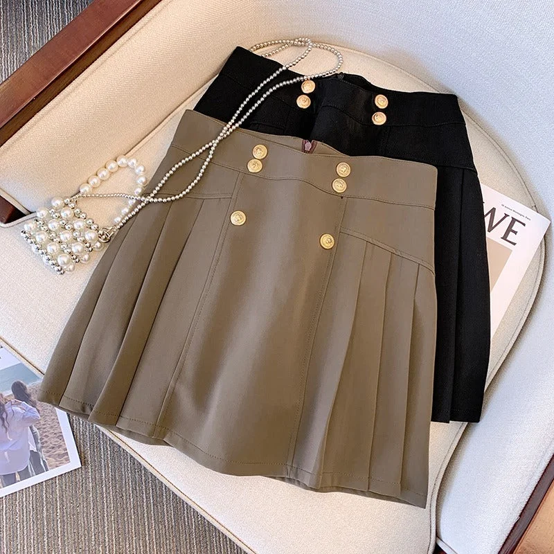 Women's High-Waisted Skirts-Plus Size Korean Buttons Pleat Mini Skirt