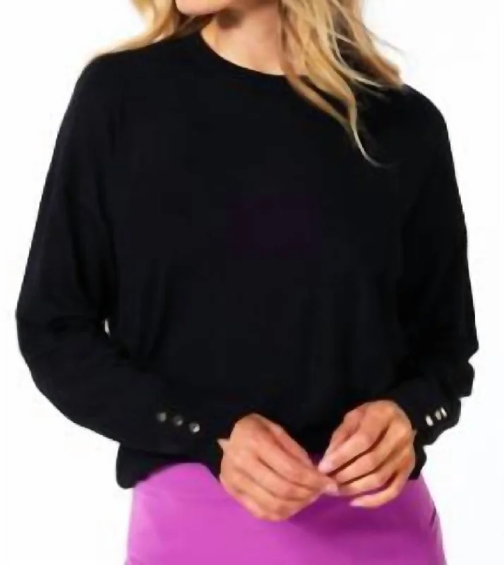 Women's Glitter Pleated Pullovers-Basic Button Sleeve Sweater In Black