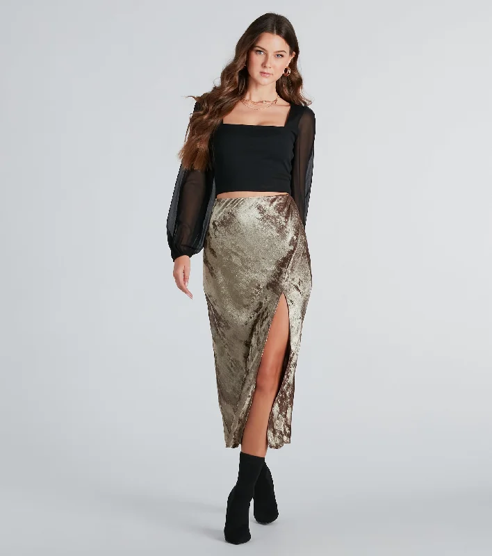 Women's Button-Front Pleated Skirts-Trendy Shine Foiled Satin Midi Skirt