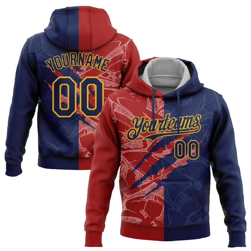 Women's Acid Wash Hoodies-Custom Stitched Graffiti Pattern Navy Red-Gold 3D Scratch Sports Pullover Sweatshirt Hoodie