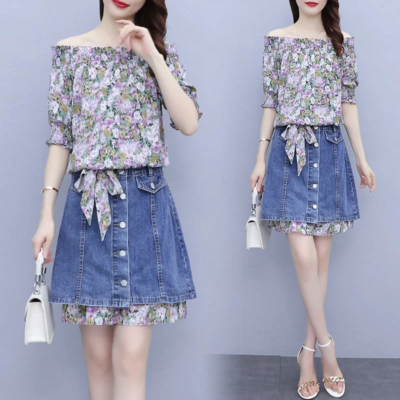 Women's Low-Waisted Floral Skirts-Plus Size Floral Off Shoulder Dress and Denim Skirt Set