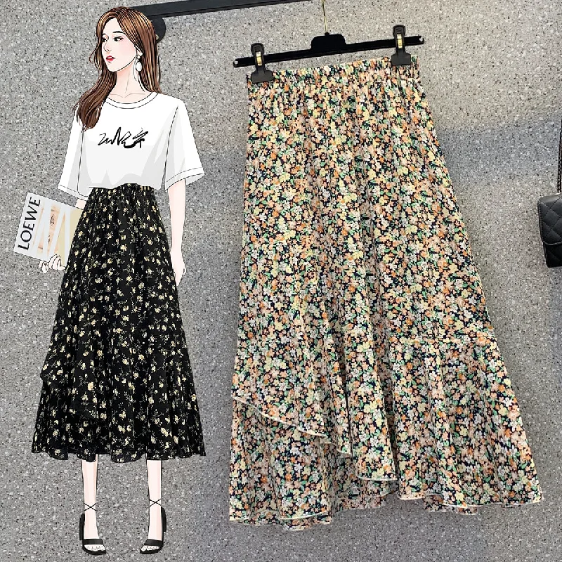 Women's Button-Front Pencil Skirts-Plus Size Korean Ditsy Floral Frills Midi Skirt