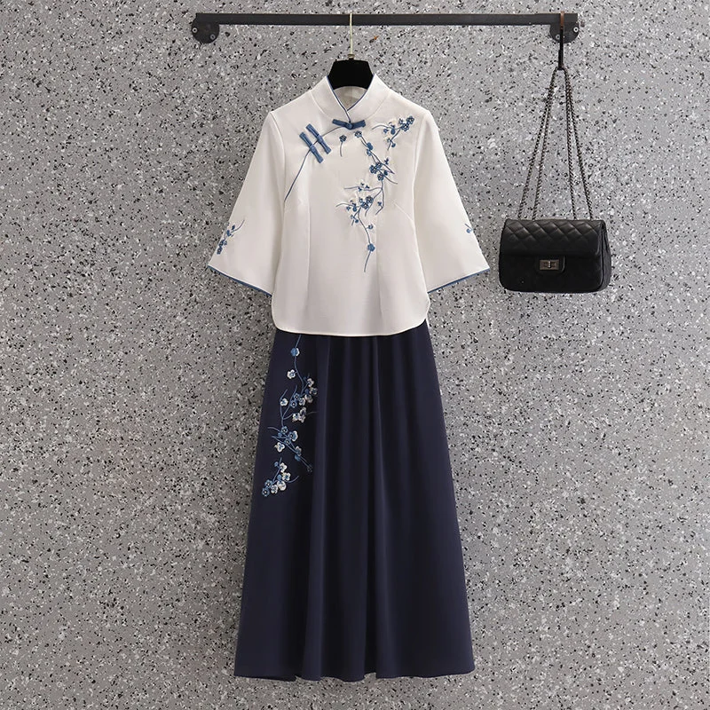 Women's Suede Skirts-Plus Size White Qipao Shirt and Skirt Set