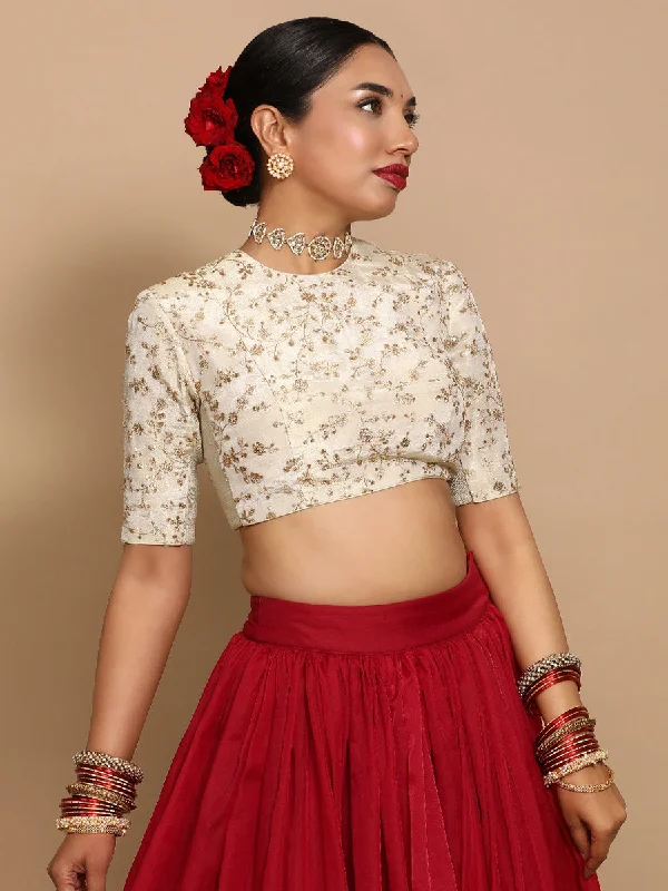 Zeelaf x Tyohaar | Elbow Sleeves Satin Viscose Saree Blouse in Gold Vine Embroidery on Cream Tissue Fabric