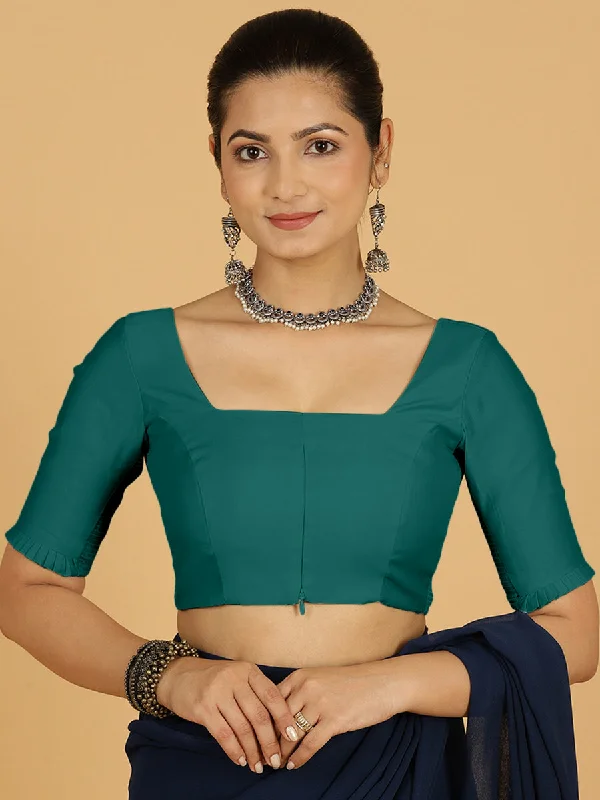 Nihira x Rozaana | Elbow Sleeves Saree Blouse in Peacock Green