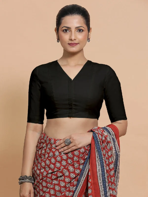 Garima x Rozaana | V-Neck Black Plain Cotton Saree Blouse