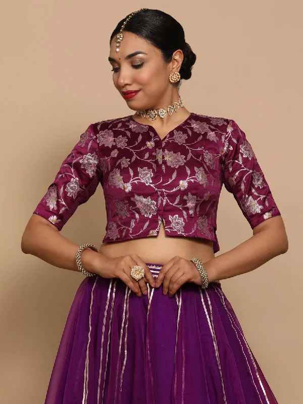 Riyana x Tyohaar | Elbow Sleeves Satin Viscose Saree Blouse in Violet Meenakari Fabric