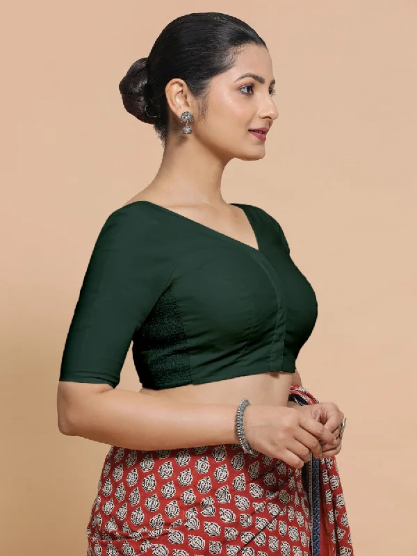 Pragya x Rozaana | V-Neck Moss Green Plain Cotton Saree Blouse