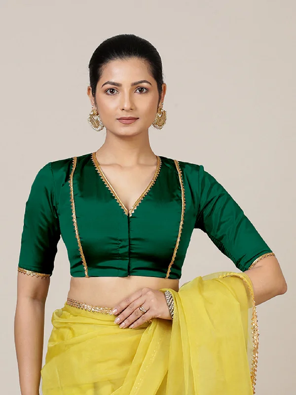 Begum x Tyohaar | Elbow Sleeves Saree Blouse in Bottle Green