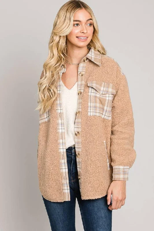 Women's Sequin A-Line Pullovers-Sherpa Collared Button Front Shacket w Plaid Camel