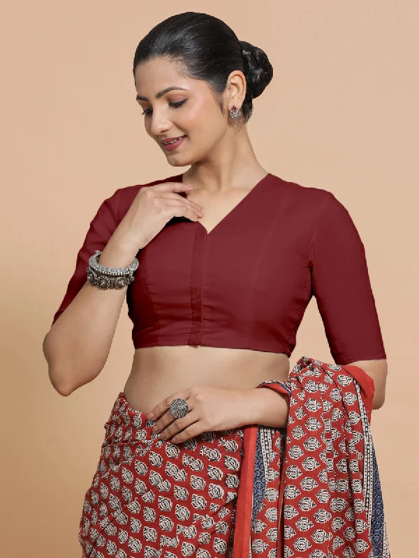 Nalani x Rozaana | Elbow Sleeves Saree Blouse in Cranberry Red Linen