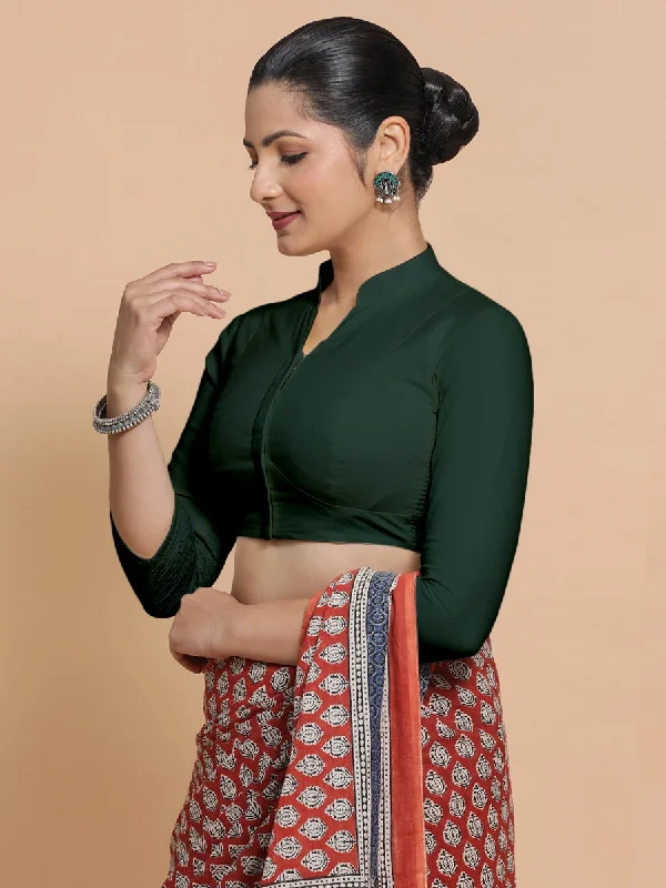 Minal x Rozaana | Mandarin Collar Moss Green Plain Cotton Saree Blouse