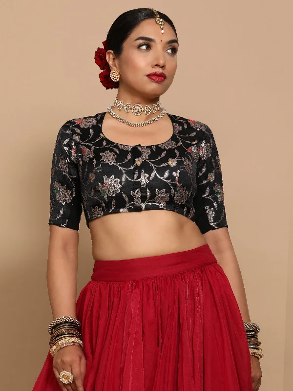 Saanvi x Tyohaar | Elbow Sleeves Satin Viscose Saree Blouse in Black Meenakari Fabric