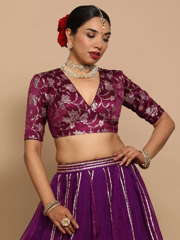 Shabnam x Tyohaar | Elbow Sleeves Satin Viscose Saree Blouse in Violet Meenakari Fabric