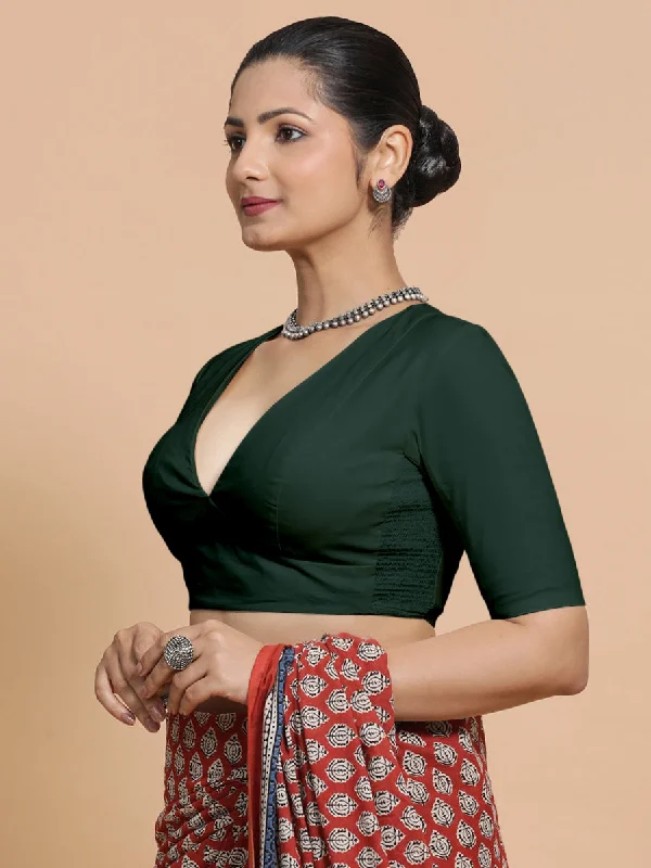 Riddhima x Rozaana | V-Neck Moss Green Plain Cotton Saree Blouse