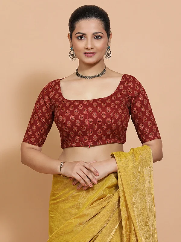 Pranavi x Rozaana | Elbow Sleeves Cotton Saree Blouse in Red Peacock Block Print Fabric