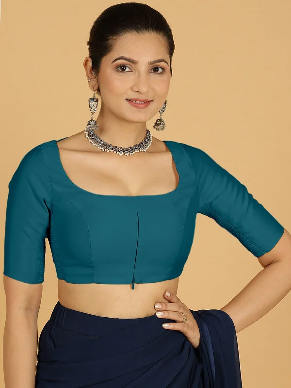 Nidhi x Rozaana | Elbow Sleeves Saree Blouse in Crystal Teal