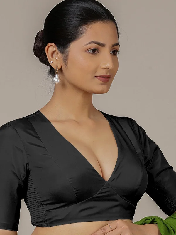 Zeenat x Rozaana | Charcoal Black Elbow Sleeves FlexiFit™ Saree Blouse with Plunging Neckline