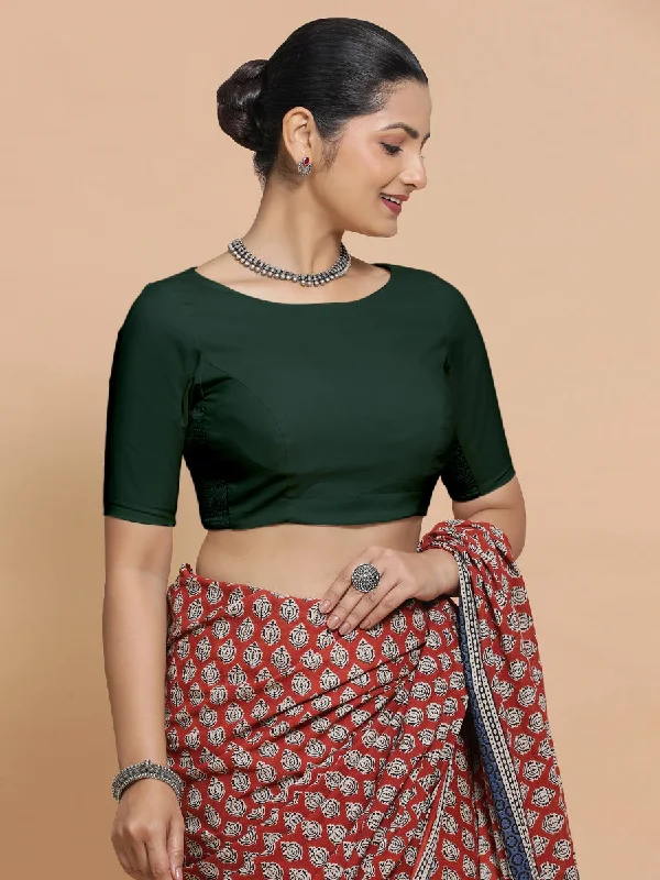 Kumud x Rozaana | Boat Neck Moss Green Plain Cotton Saree Blouse