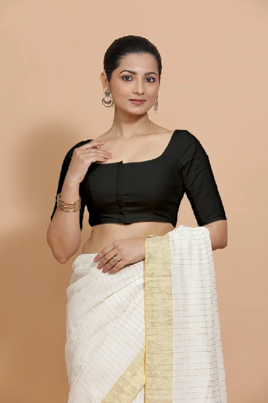 Vritika x Rozaana | Scoop Neck Black Plain Cotton Saree Blouse