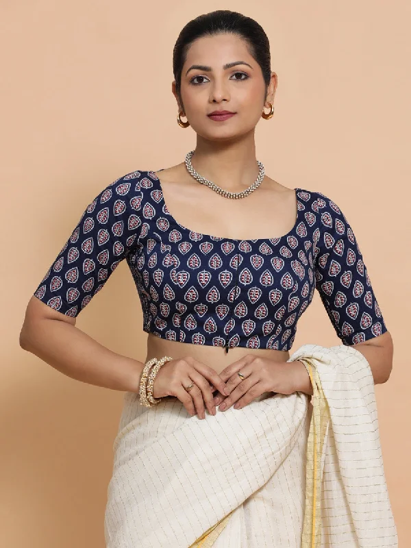 Ena x Rozaana | Elbow Sleeves Cotton Saree Blouse in Indigo Blue Spade Block Print Fabric