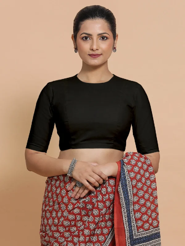 Suhana x Rozaana | Jewel Neck Black Plain Cotton Saree Blouse