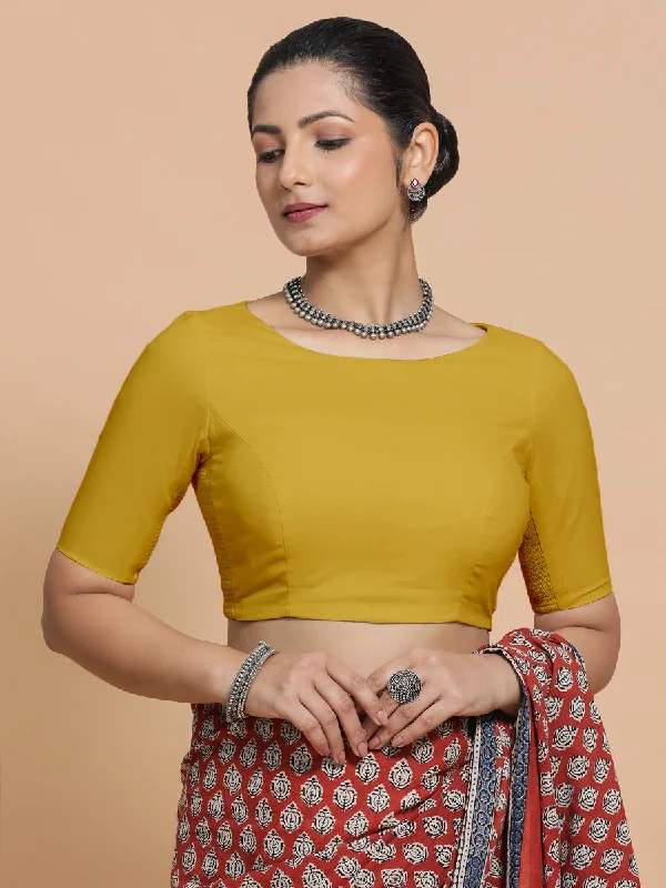 Kumud x Rozaana | Boat Neck Sunny Yellow Plain Cotton Saree Blouse