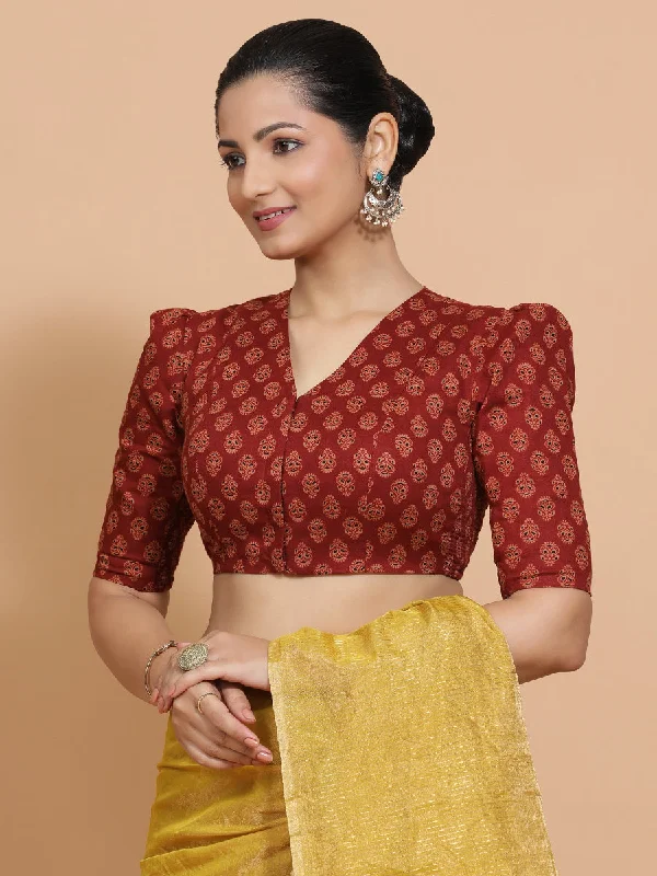 Chaitra x Rozaana | Elbow Sleeves Cotton Saree Blouse in Red Peacock Block Print Fabric