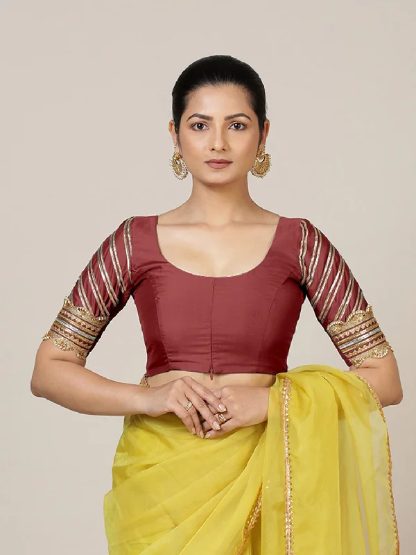 Anisha x Tyohaar | Elbow Sleeves Saree Blouse in Auburn Red